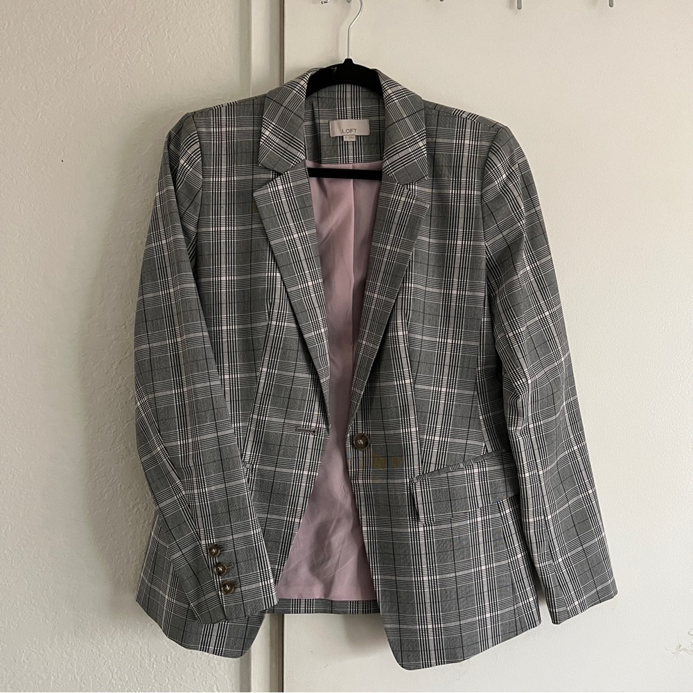 LOFT Grey Plaid Fitted Blazer
